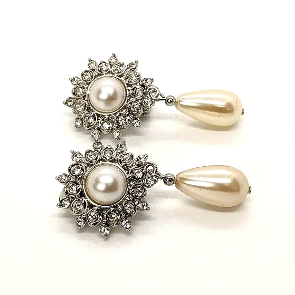 ERWIN PEARL Vintage Rhinestone Sunburst Faux Pearl Teardrop Drop Earrings - Picture 1 of 6